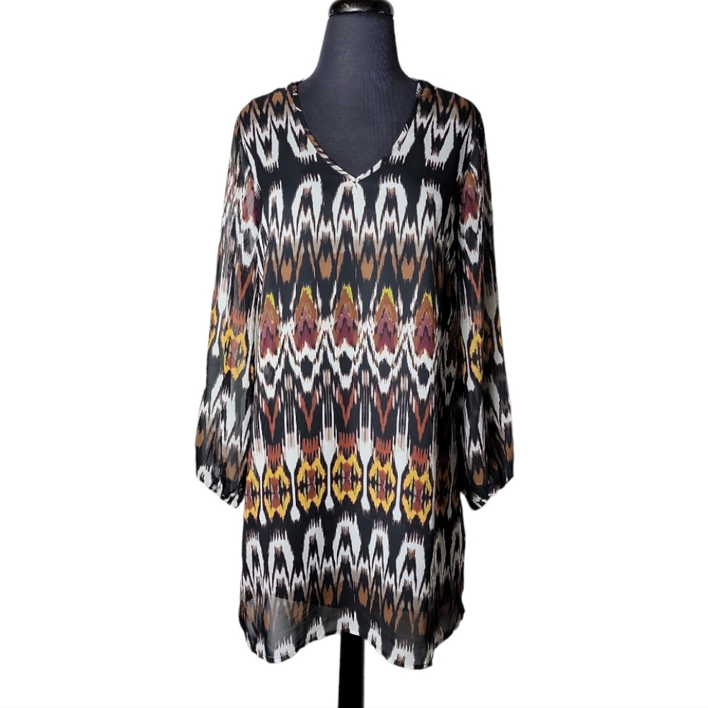Fifth & Park v neck chiffon printed shift long sleeve dress size XS